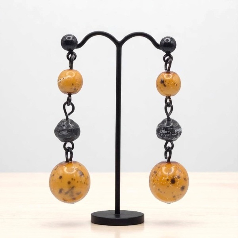 Handmade Golden Yellow Ceramic and Snowflake Obsidian Black Drop Dangle Earrings